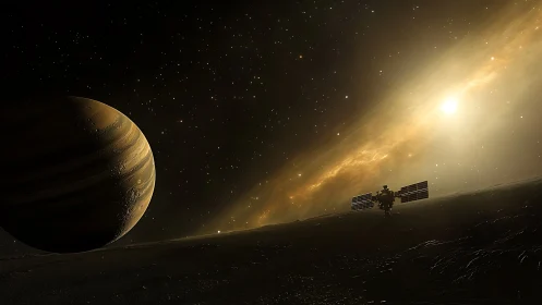 Exoplanet gas giant, surface probe, and stellar accretion glow.