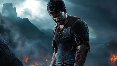 Battle-scarred adventurer studies ruins under storm clouds.