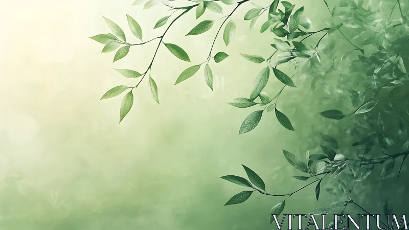 Sunlit green leaves drift softly across blurred forest haze.