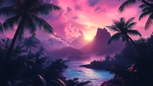 Tropical Paradise Sunset with Dramatic Peak