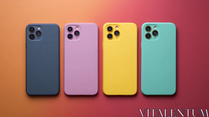 Quad lineup of matte triple‑camera smartphones in bold colors