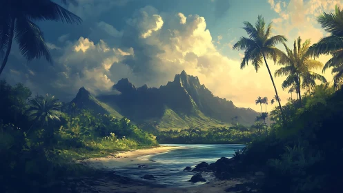 Tropical Island Landscape with Volcanic Peaks and Palm Forest.