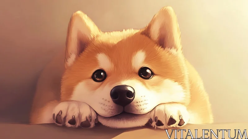 Soft-lit digital portrait of resting Shiba Inu puppy head