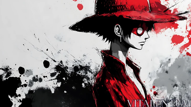 Red coated anime figure stands amid violent ink splashes