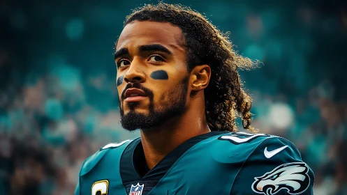 Football player in teal uniform looks up during stadium game
