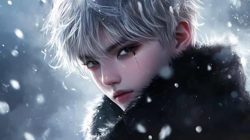 Snowlit silver haired youth in fur cloak portrait closeup.