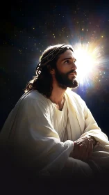 Luminescent robed figure in cosmic backlight, contemplative posture.