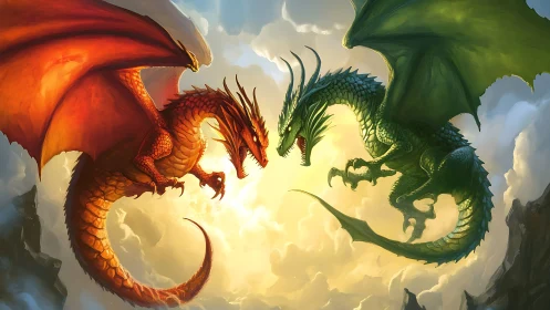 Opposed red and green dragons over backlit clouded sky.