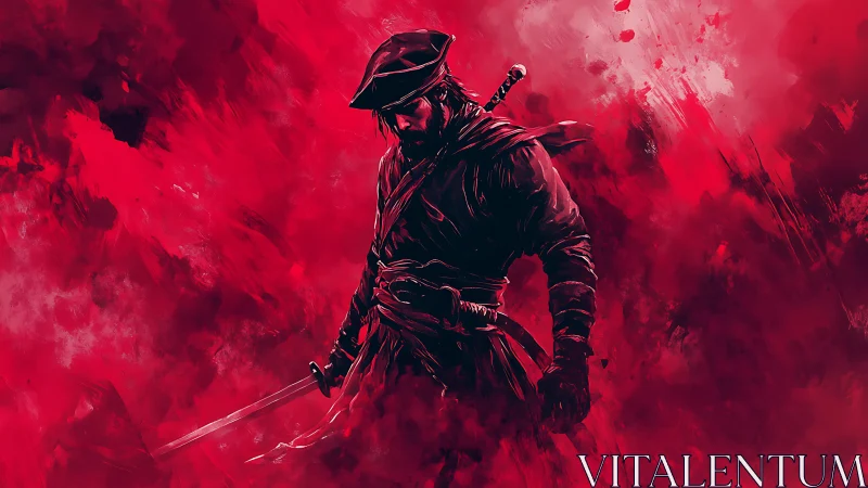 Swordsman stands in red abstract mist with lowered blade