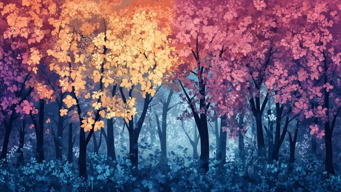 Digital forest scene shows multicolored foliage in layers