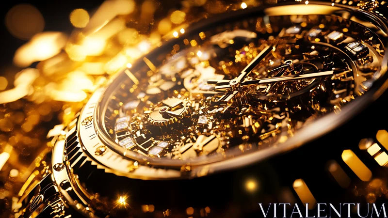 Golden luxury watch glows with intricate, sparkling detail