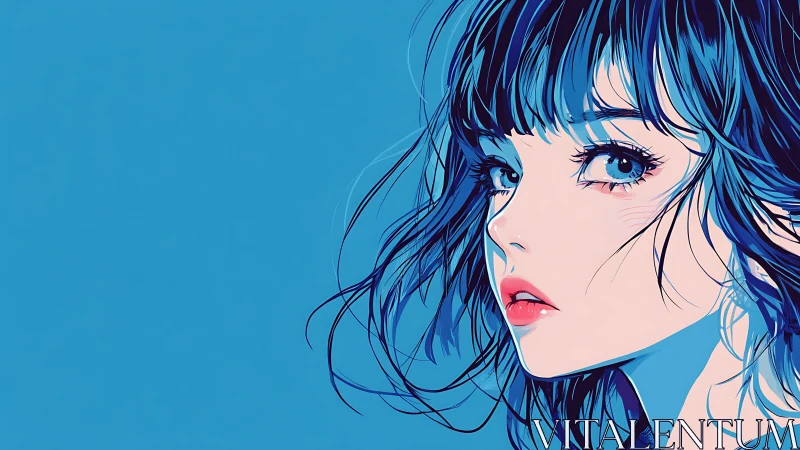 Blue-haired anime girl gazes back in minimalist profile art.