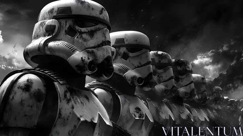 Armored sci-fi soldiers align under storm-heavy monochrome sky