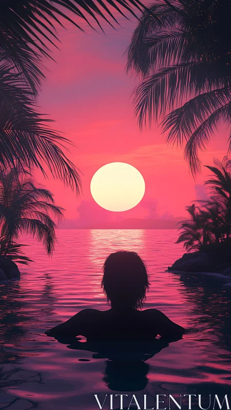 Backlit swimmer observes neon pink tropical sunset over ocean