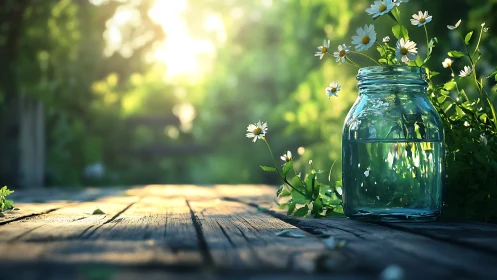 Sunlit daisies rest in a glass jar on a rustic garden table.