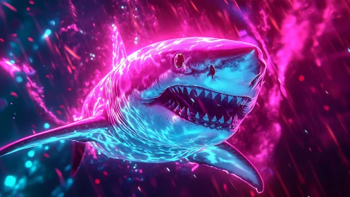 Neon cyber shark charges through glowing electric abyss