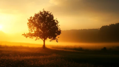 Golden hour meadow tree in atmospheric landscape composition.