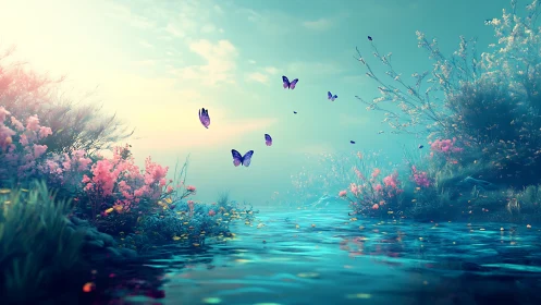 Butterflies drift above a dreamlit river of pastel bloom.