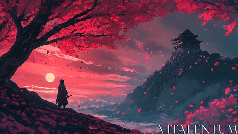 Samurai under red trees facing distant hill temple.