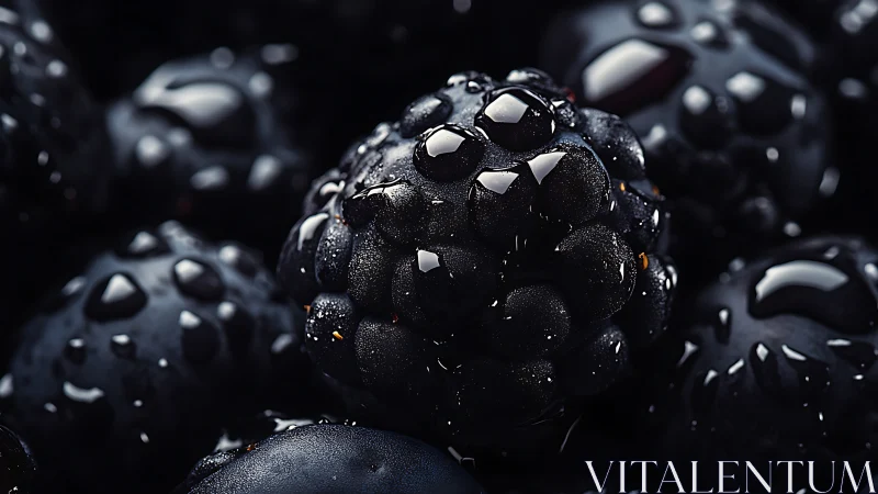 Close-up macro view of wet blackberries in low light.