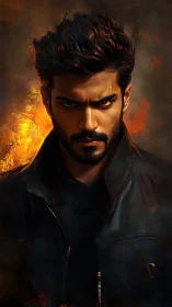 Smoldering portrait of a determined man framed by fiery light