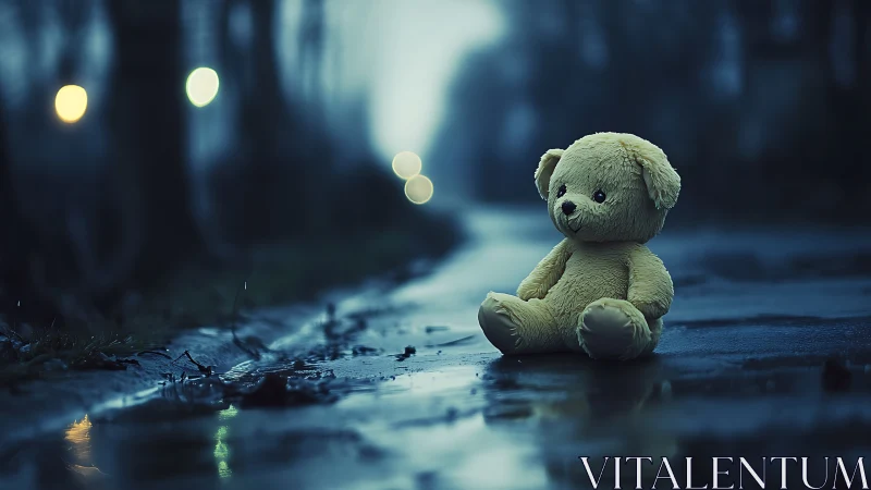 Lonely plush teddy bear sits on wet road at dusk