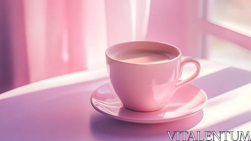 Pink ceramic cup of milky beverage on matching saucer.
