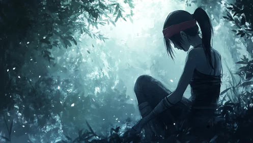 Moody forest vignette with contemplative anime heroine silhouette.