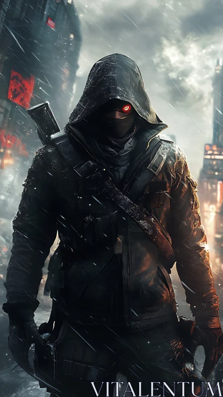 Hooded cyber-operator in wet urban ruin under directional backlight