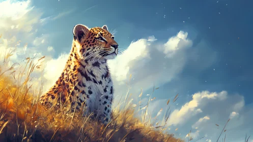 Leopard stands in golden grassland under bright blue sky