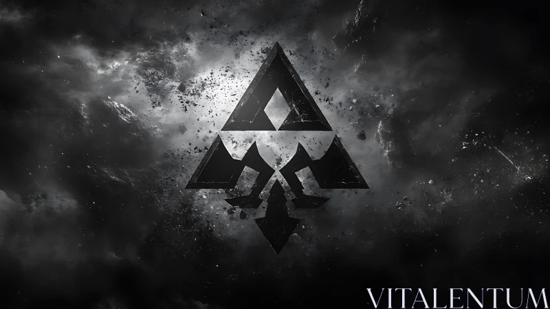 Broken triangular emblem floats in dark, smoky space field