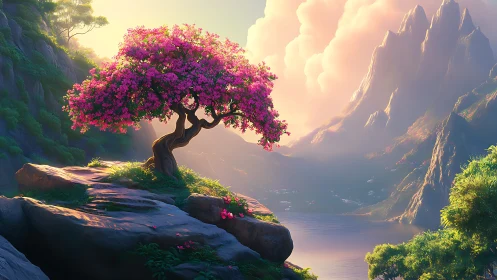 Blossoming tree crowns sunlit cliff above tranquil lake.