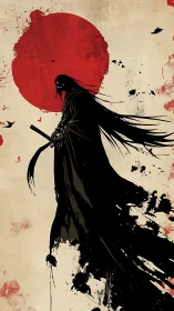 High-contrast ink samurai silhouette dissolving into abstract splatter