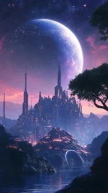 Futuristic luminous city under massive crescent planet sky