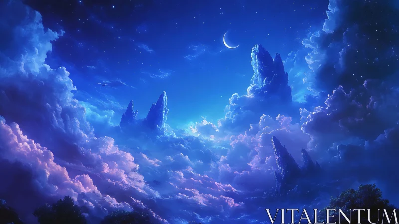 Moonlit cloud spires quietly stitch a dreamscape sky together