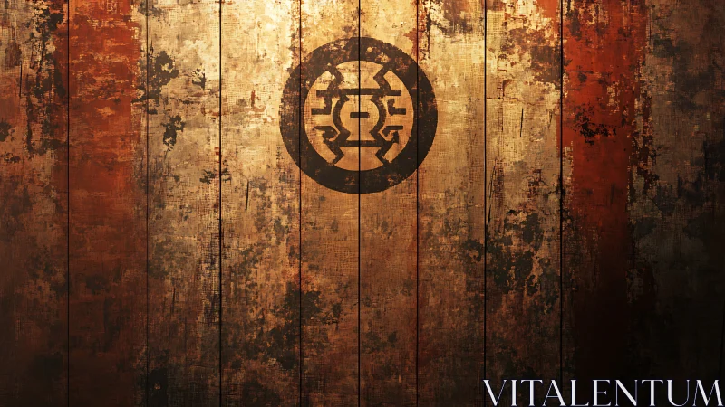 Weathered vertical panels with central circular emblem.