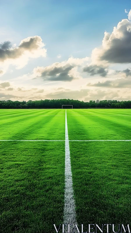Wide open soccer field waits calmly under a glowing sky