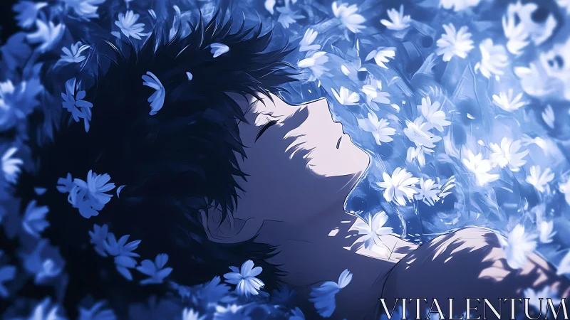 Noctilucent floral field with backlit anime figure repose.