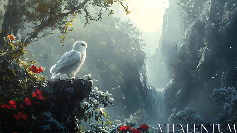 Majestic White Owl in Enchanted Mountain Valley Fantasy Art.