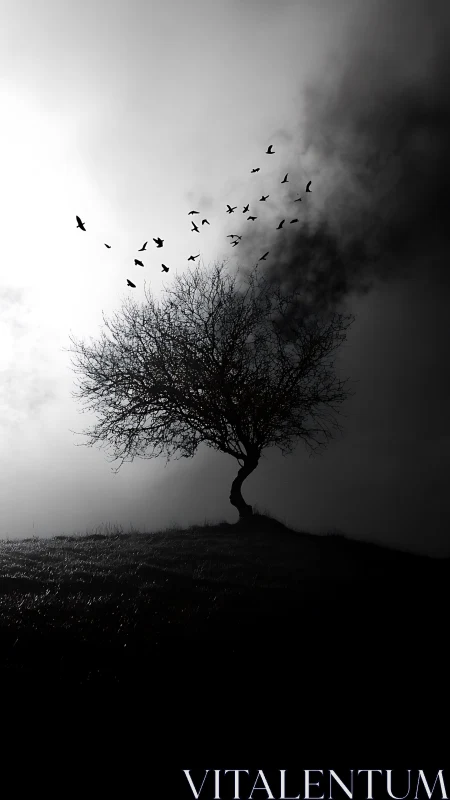Monochrome hillside tree silhouette with dispersing bird flock.