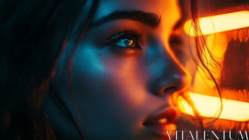 Neon-kissed gaze in electric blues and molten gold glow.