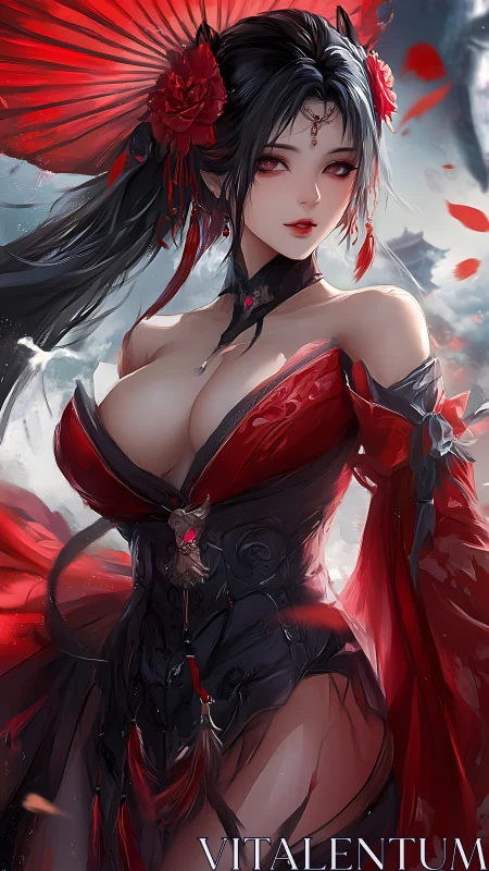 Crimson parasol enchantress in ornate fantasy armor portrait.