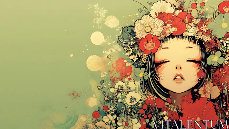 Dreaming girl sinks into blooming red and white flowers.