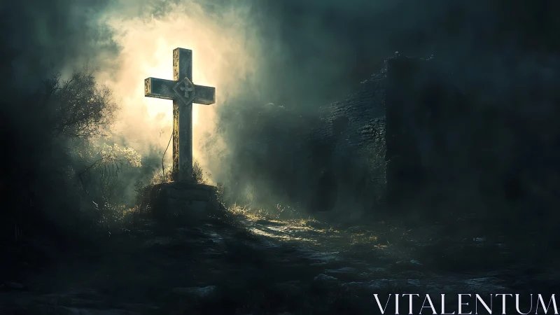Luminous stone cross rises from mist before ruined chapel.