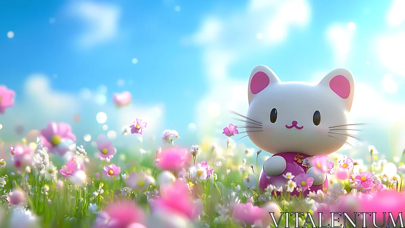 Soft-lit 3D cat figurine nested in shallow-depth spring meadow