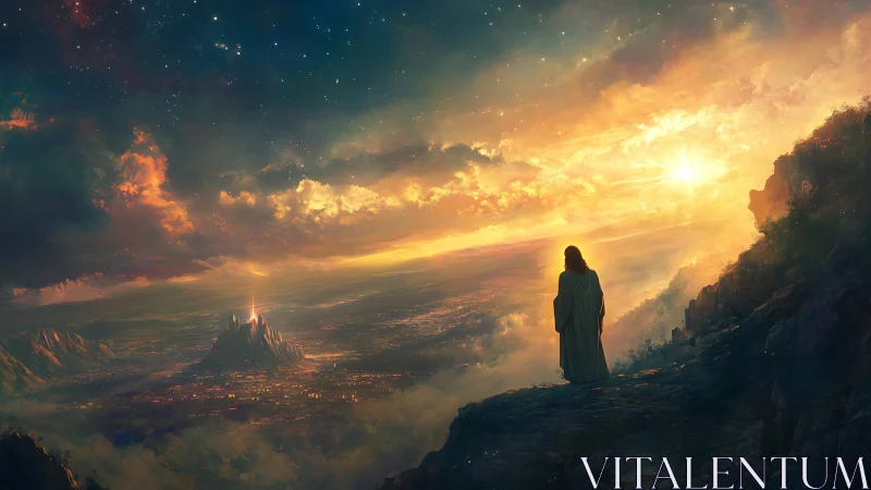 Solitary robed figure gazes over glowing celestial city at dawn
