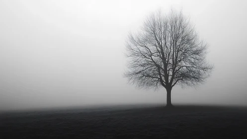 Solitary deciduous tree in dense winter fog on flat moorland