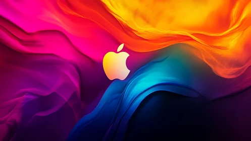 Abstract chromatic waves frame a central minimalist logo mark