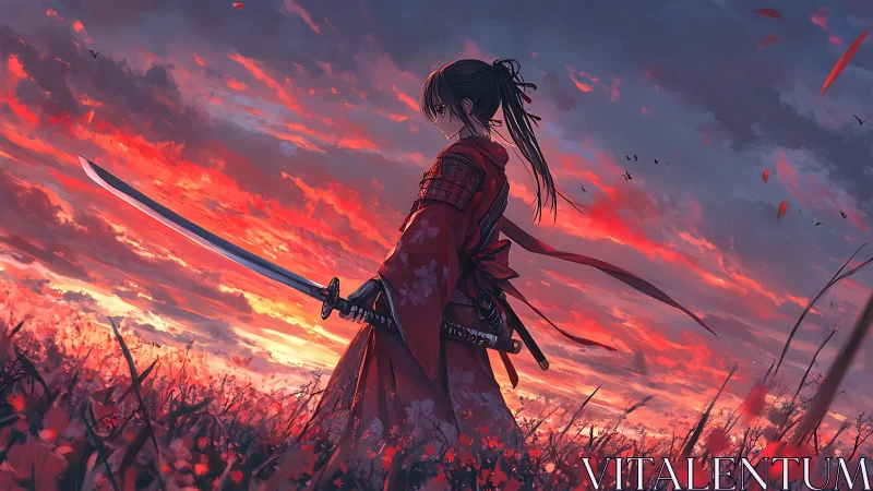 Samurai swordswoman in crimson kimono against burning sunset sky