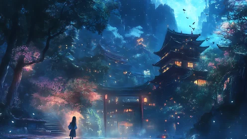 Moonlit mountain temple and lone traveler in misty forest.